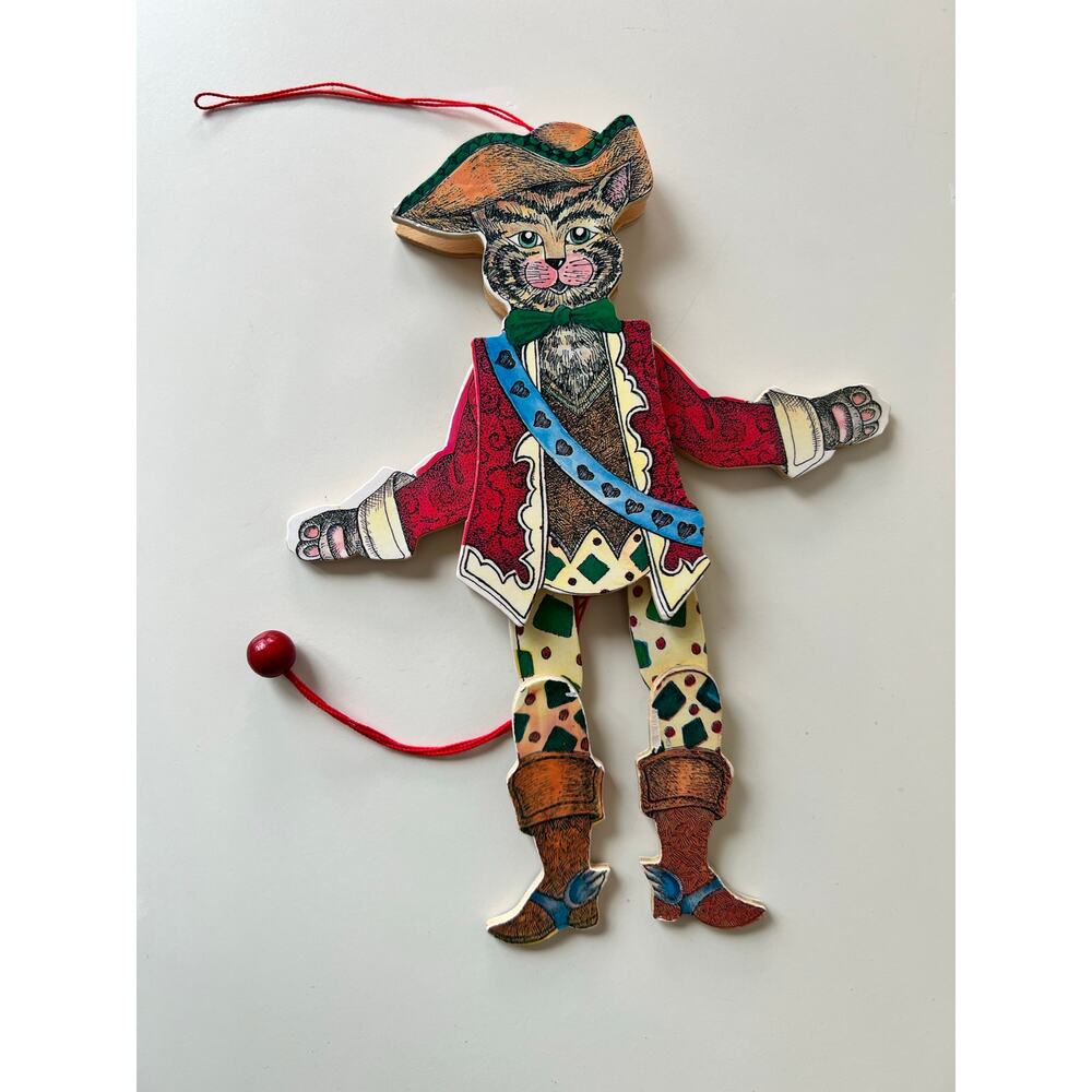 Vintage Wooden Pull-string Puppet Puss in Boots Susan Feves 1985 Works